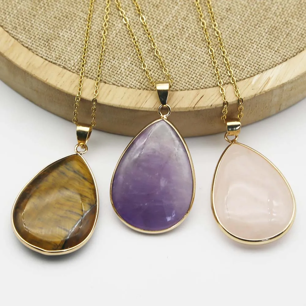 New Natural Stone Crystal Agate Water Drop Necklace Pendant Gold Edged Sweater Chain Fashion Charm Jewelry Gift Accessories 4Pcs