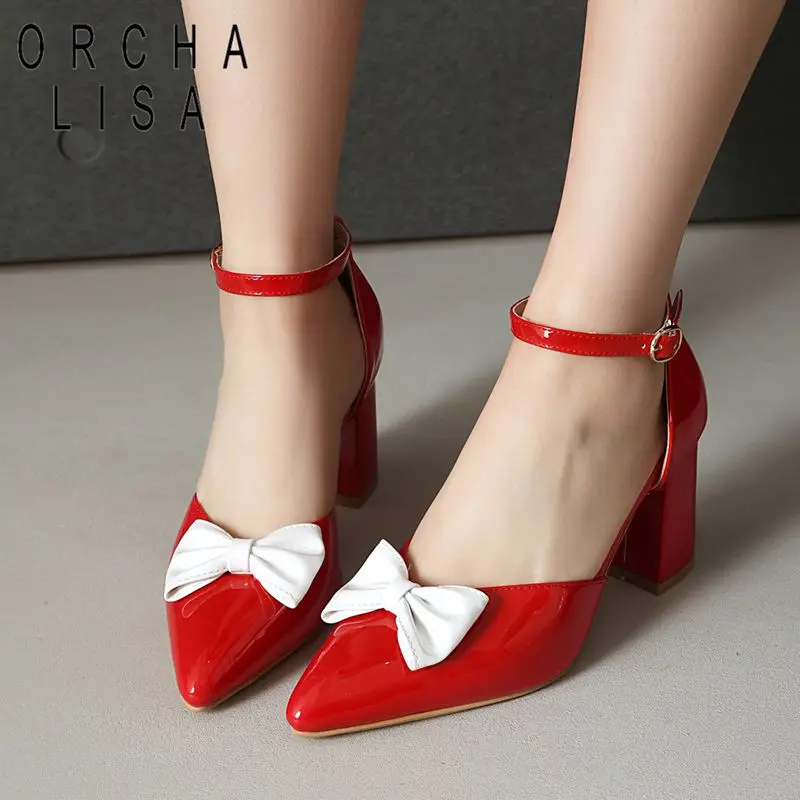 

ORCHA LISA Модные блестящие женские босоножки с острым носком, на толстом каблуке 7,8 см, с пряжкой и бантом, большие размеры 47, 48, для свиданий и свадеб