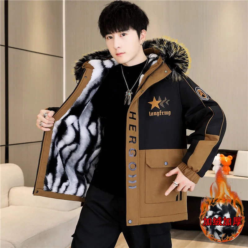 

Cotton Coat Men Hooded Warm Thickened Down Jacket Winter Solid High Quality Korea Fashion Jacket Youth Drop Shipping