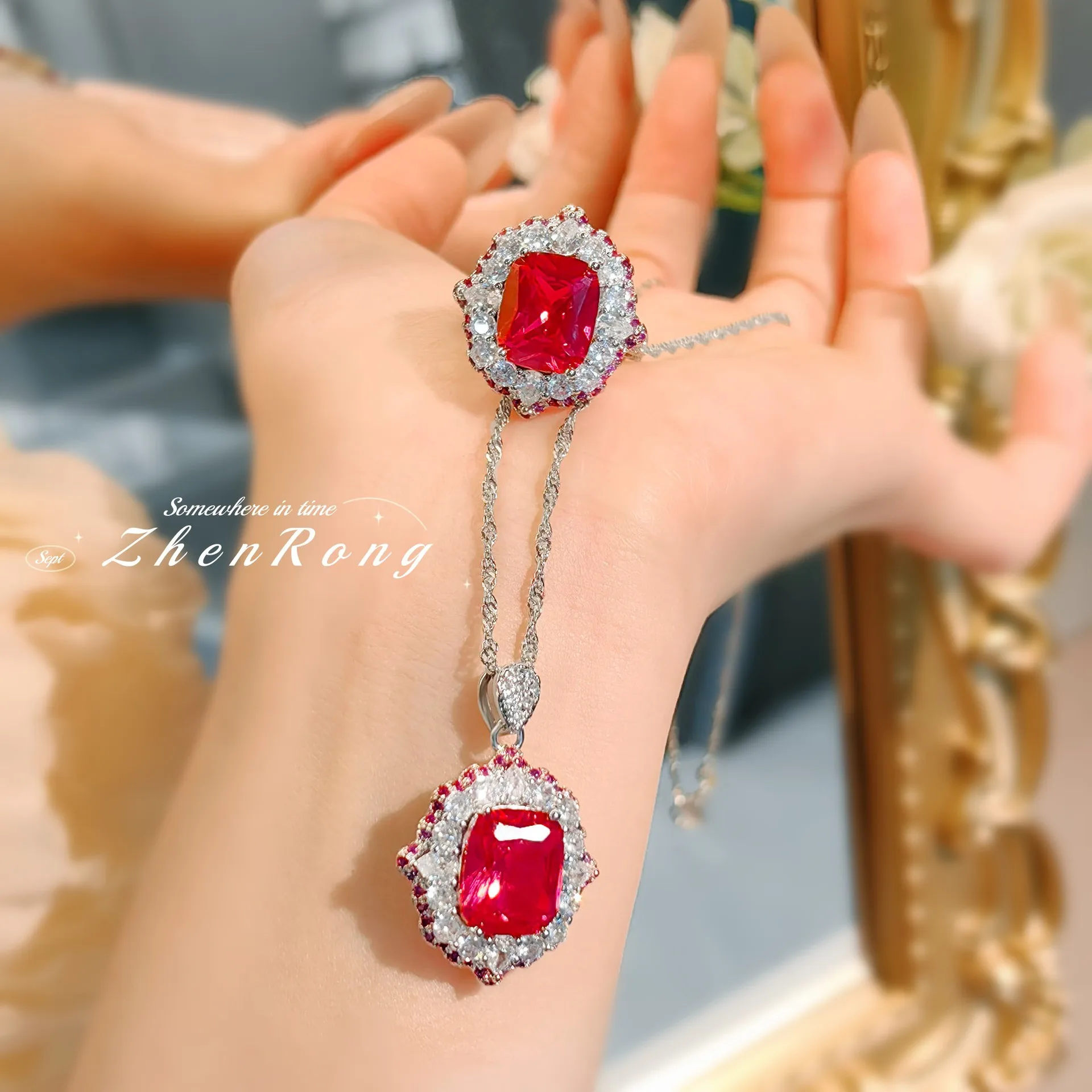 Luxury Geometric Design Jewelry Sets with Full Zircon Red Corundum Pendant Necklaces Earrings Rings Wedding Set For Women