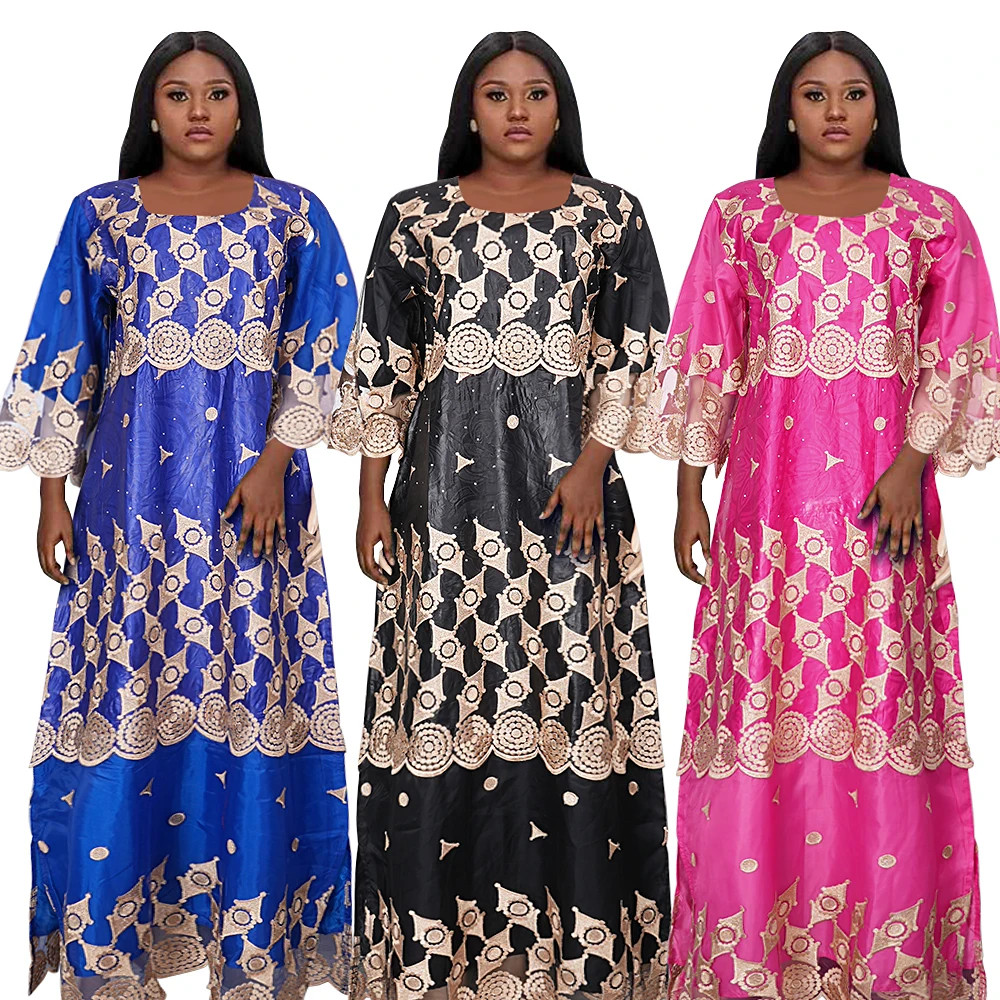 H&D Women Traditional African Dresses Bazin High Quality Embroidery Dresses Blue Traditional Dress for Wedding Party Occasions