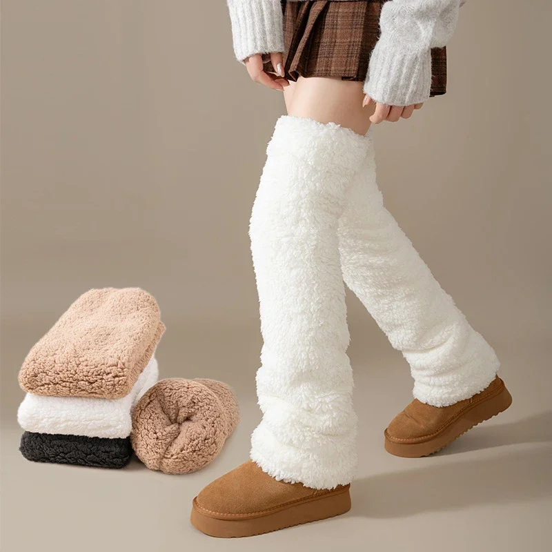 Damskie podkolanówki z polaru koralowego, zimowe ciepłe ochraniacze na kolana z grubym aksamitnym polarem, ocieplacze na nogi, termiczne pończochy, mankiety do butów.