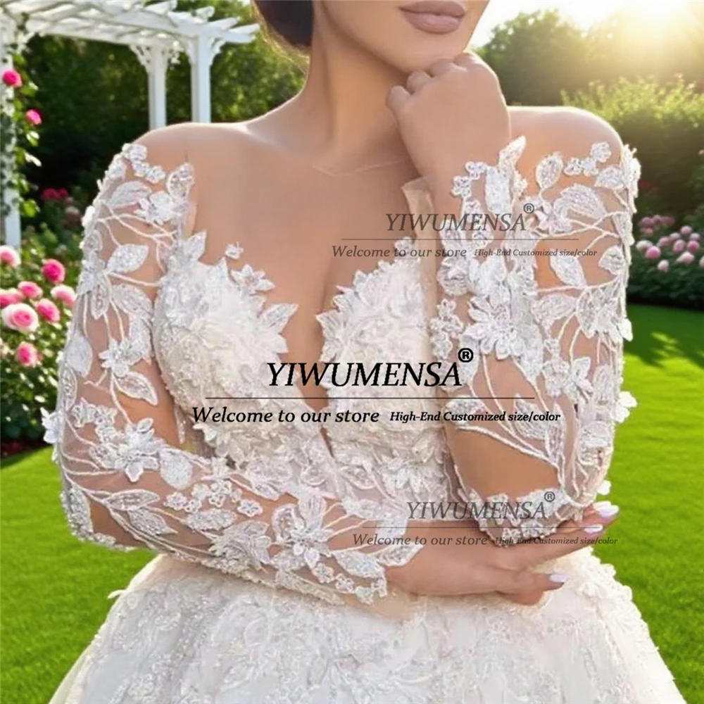 Robe de mariée trapèze élégante en Tulle, col rond, manches longues, personnalisée, avec des Appliques en dentelle scintillante, avec traîne de balayage