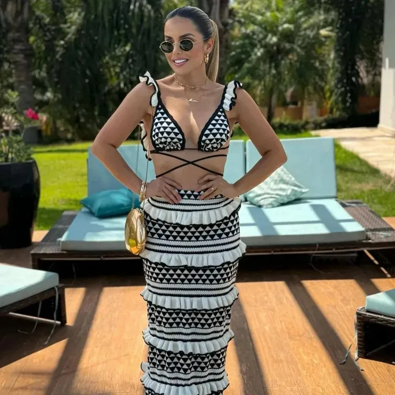 2 Piece Set Female Ladies Striped Knitted Beach Skirt Sets Women Sexy Backless Slim Bohemian Outfits Ruffle Holiday Vacation