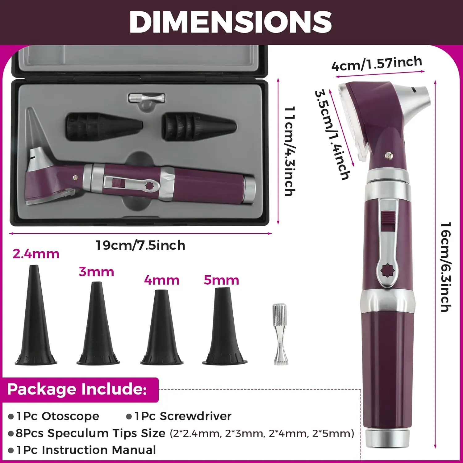 Otoscope Kit Ear Scope with Light 3X Magnification 4 Speculum Tip Size Ear Infection Detector Otoscope Ear Care Tool Fit Purple
