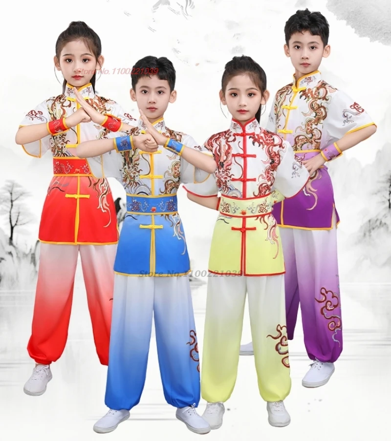 

2024 children wushu shaolin kung fu uniform chinese dragon print martial art suit tai chi wushu training exercise practice suit