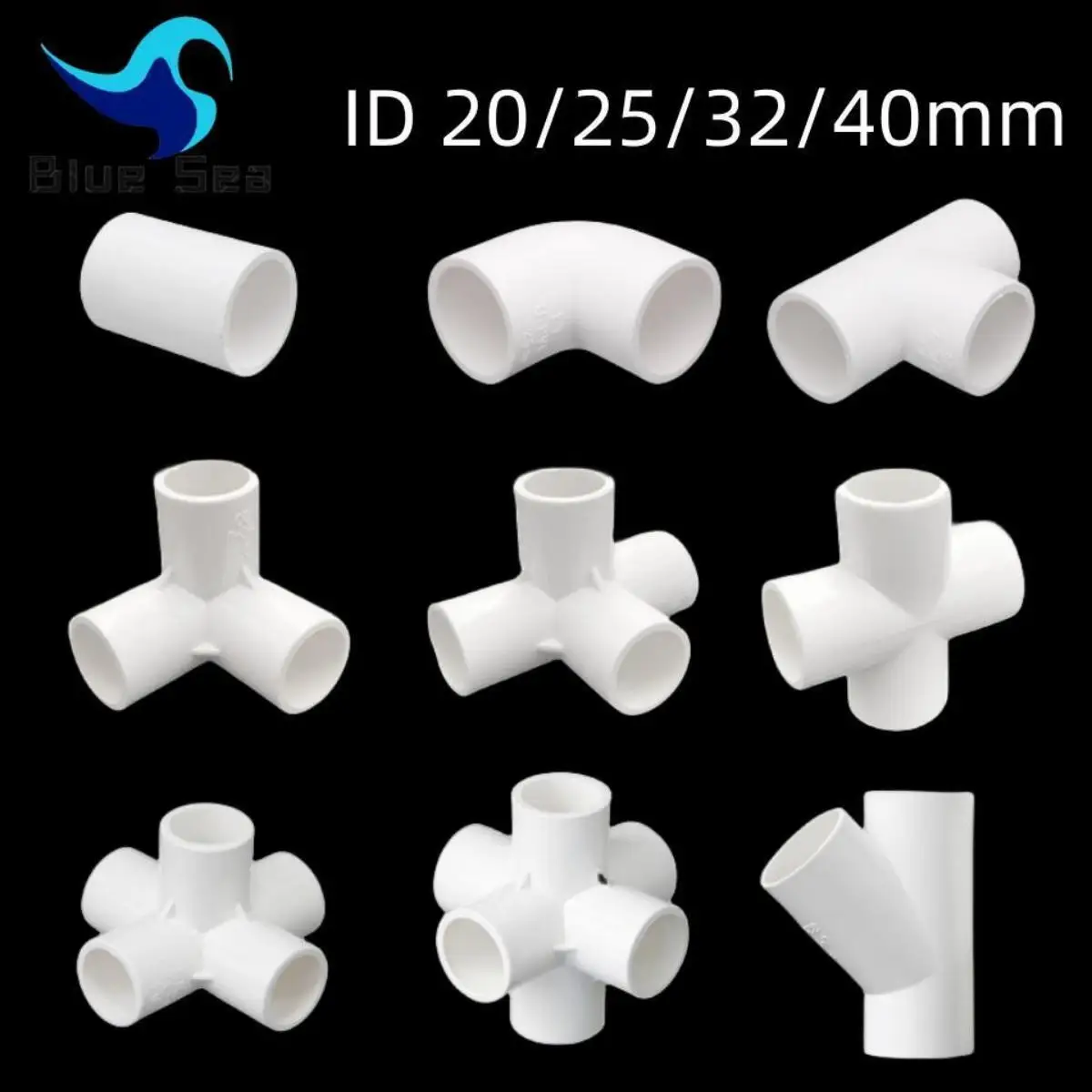 White PVC Pipe Fittings Inside Diameter 20/25/32/40mm Straight Elbow Tee Cross Connector Water Pipe Adapter 3 4 5 6 Ways Joints