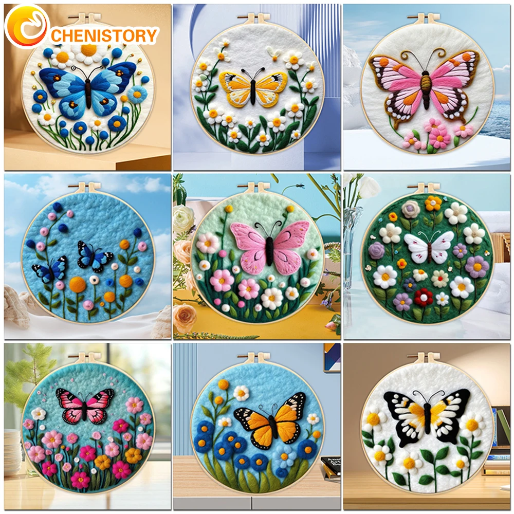 

CHENISTORY 20x20cm Frame With Wool Felting Package Butterfly Needle Felting Painting Kit For Beginner Unique Gift Wool Paintings