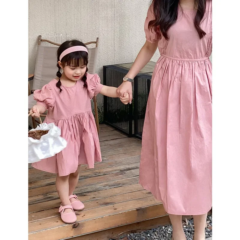 Family Clothes Mother Daughter Matching Puff Sleeve Dresses Mom Baby Girls Pink One Piece Dress Dad Son Same Short Sleeve Shirts