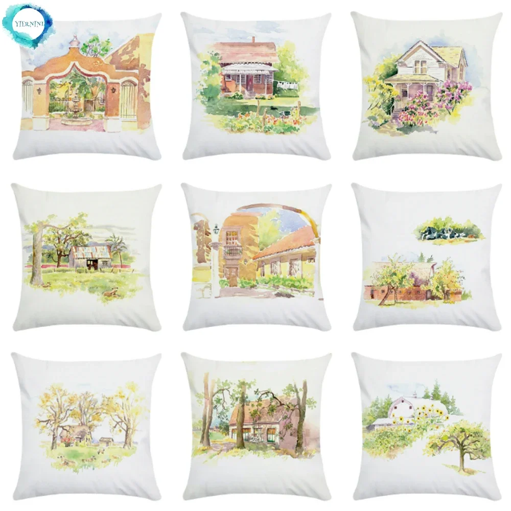 European Architecture Oil Painting Pattern Cushion Cover Sofa Polyester Pillow Cover Decorative Pillowcase Chair Home Decor