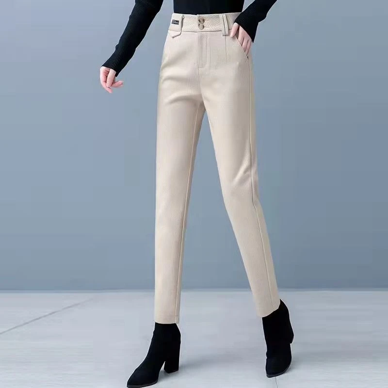 High-Waisted Women's Wool Herringbone Pants Casual Black Double Buckle Thickened Warm Harem Pants Versatile Women's Fashion