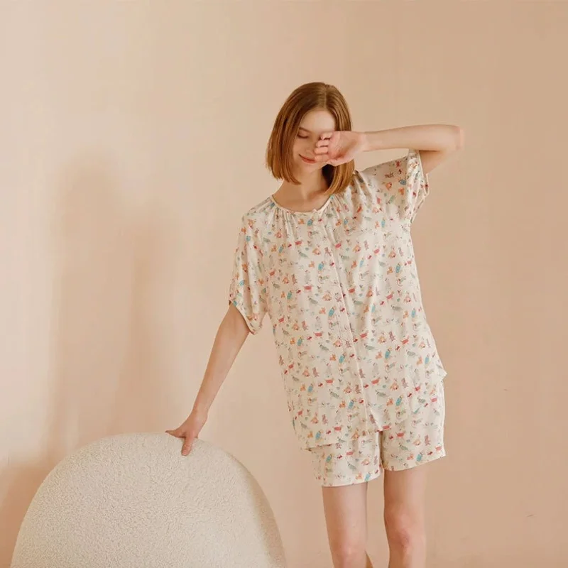 

Новый женский летний комплект домашней одежды из хлопкового атласа — свободные, удобные и повседневные, с несколькими принтами, с короткими рукавами и короткими брюками