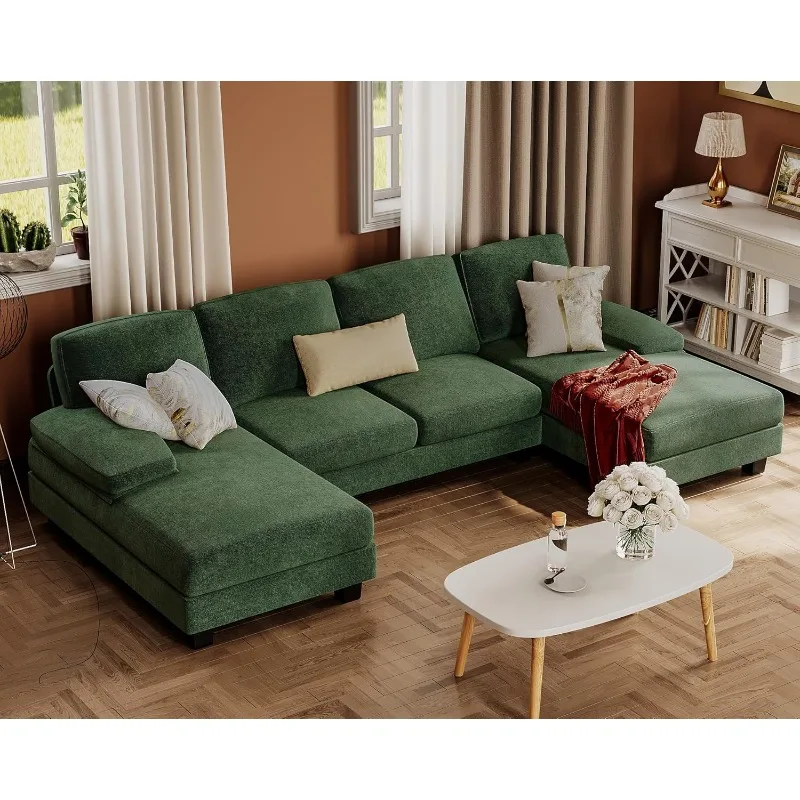 

Sectional Couches for Living Room,U-Shaped Sofa Couch with Linen Fabric,4 Seat Sofa Set with Double Chaise for Apartment (Green)