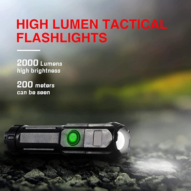 Senter terukur, 2000 lumen senter terang LED, 3 mode senter Mini, untuk membaca, mendaki, berkemah, bersepeda, dll