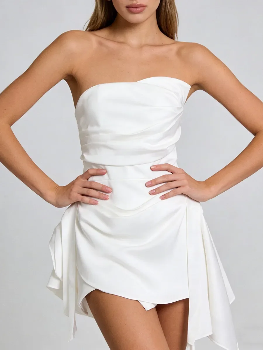 Arabian Night Strapless Sleeveless Slimming Spliced Shirring Irregular Mini Dress for Women Patchwork Ribbon Detail Sexy