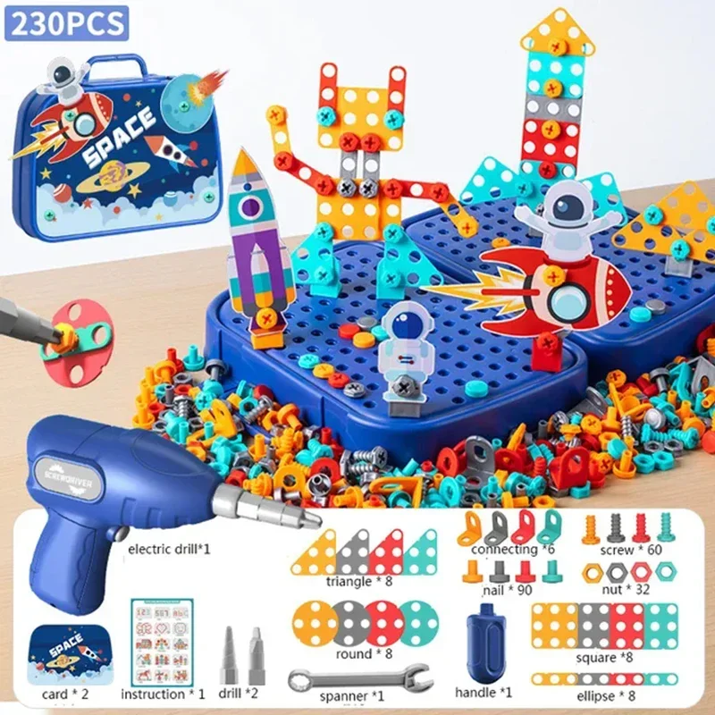 Children Simulated DIY Toolbox Toys Set Electric Drill Screw Nuts 3D Puzzle Toy Pretend Play Tool Kit 2D/3D Educational Toy Gift