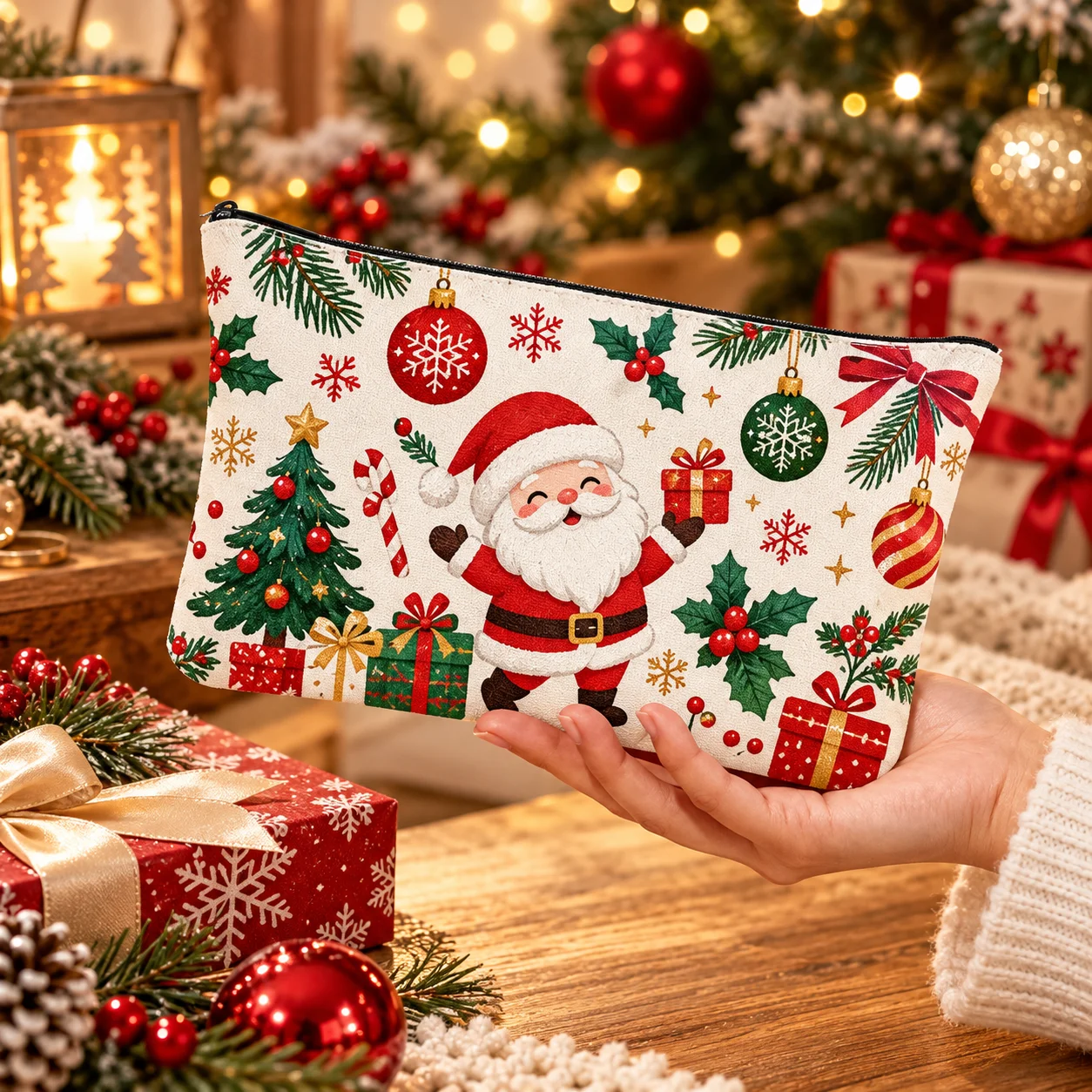 Customizable canvas makeup bag—can be personalized with your own photos, images, designs, logos, or names. Features a zipper clo