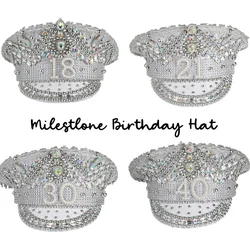 Custom Milestone Rhinestone Captain Military Hat Crown 18th 21st 30th 40th 50th 60th Birthday Party decoration Keepsake Gift