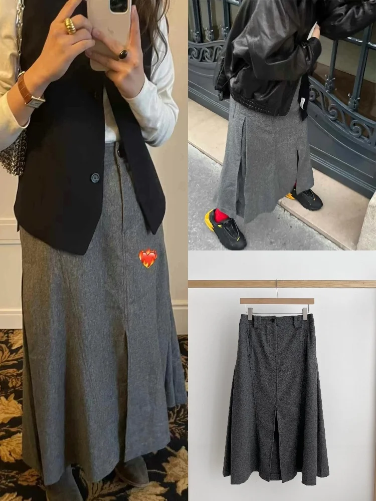 

Simple High Waist Slim Fi Tail Midi Skirt Women's A-Line Skirt Vintage Split Sle Casual Wool Fabric