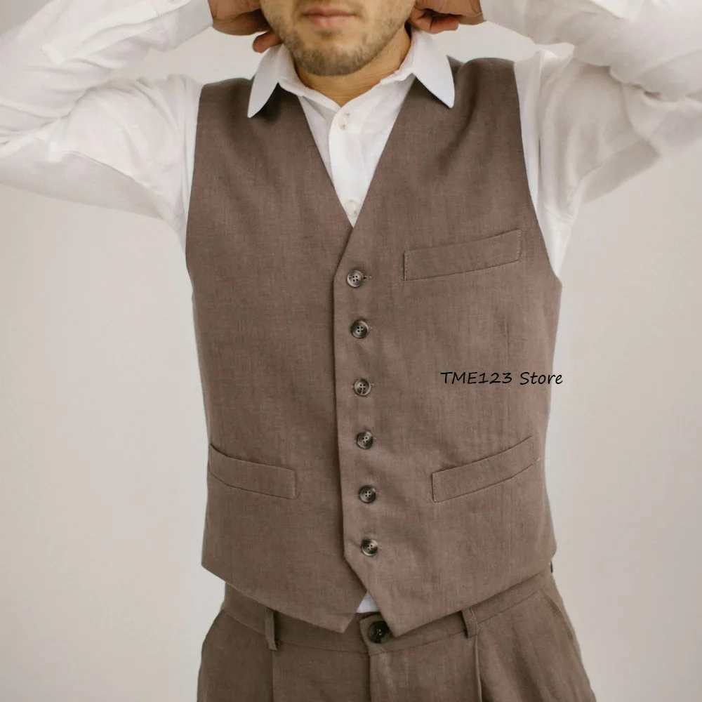 

Мужской жилет для костюма: повседневный, с одним карманом, V-образный вырез, элегантный, из льняной ткани, легкий, однобортный, классический