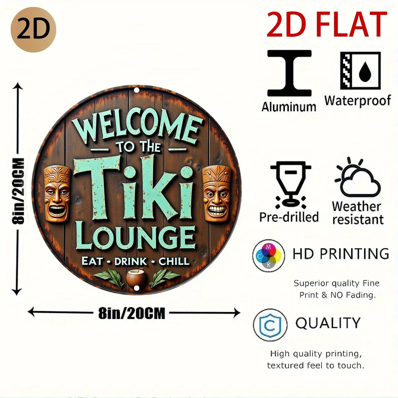 Welcome To The Tiki Lounge Tiki Mask Retro Metal Sign 2D flat Round Tin Plaque Patio Bar Outdoor Wall Decor Gift 20x20cm