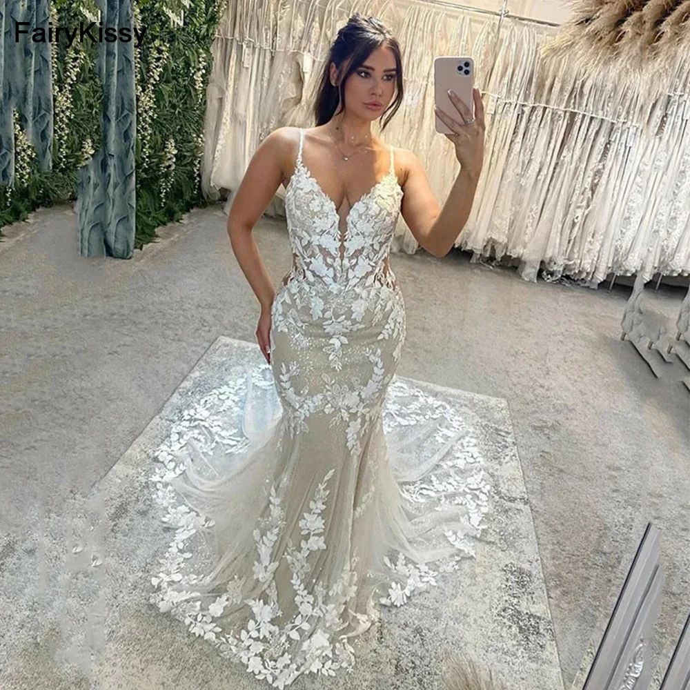 FairyKissy-Vestido de Novia de sirena con cuello redondo, traje elegante con espalda descubierta, personalizado con cuentas