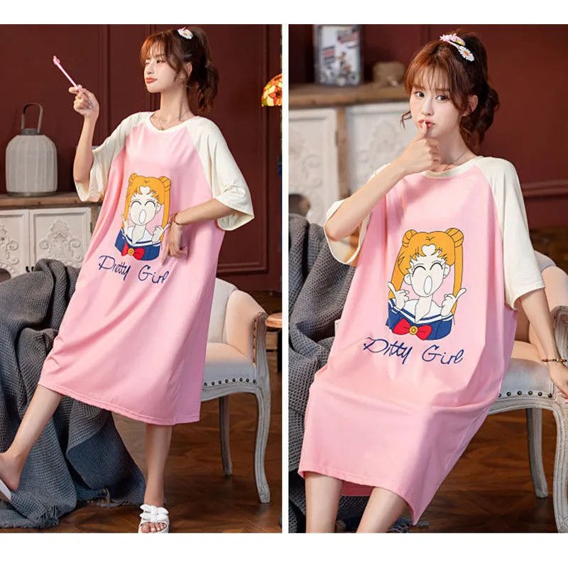 Summer Nightgown For Women Loose Nightdress 2022 Kawaii Sailor Girls Print Sleepdress Anime Pijama Dress 5XL Nightwear