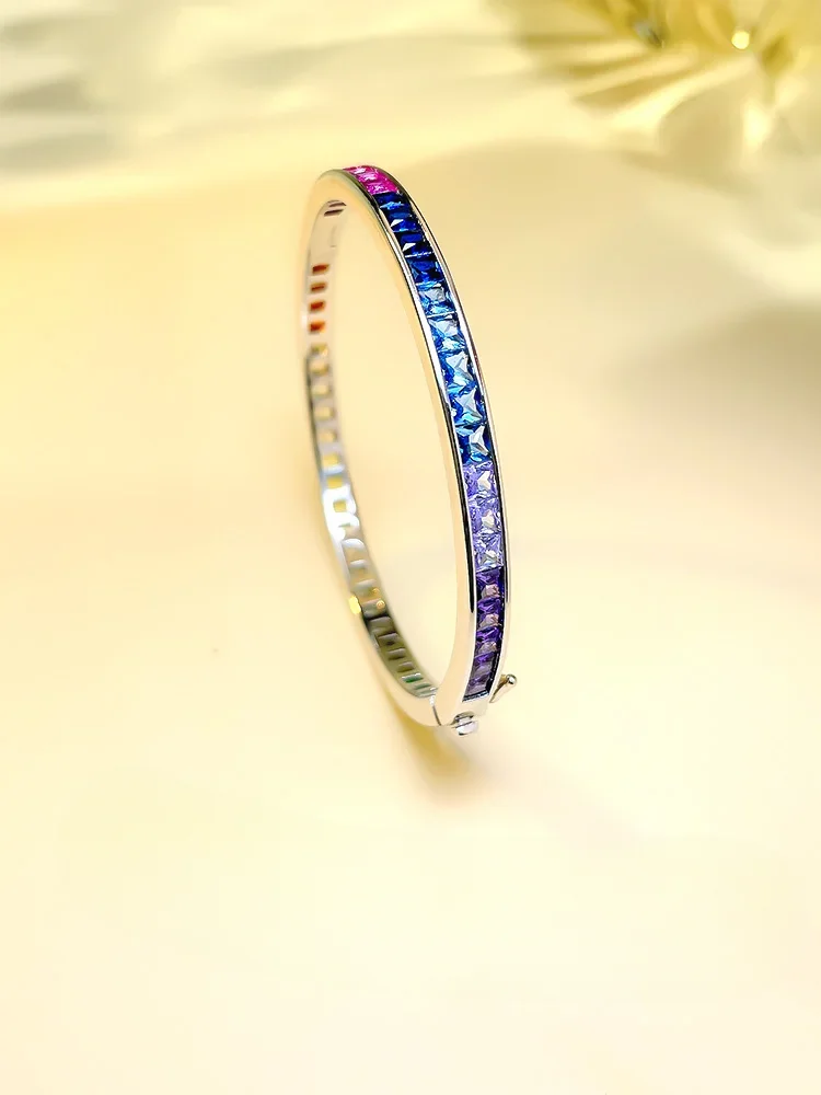 Rainbow Bracelet 925 Sterling Silver Inlaid with Light Luxury Celebrity, Round and Thin Loop Fold, Ins Style Wedding