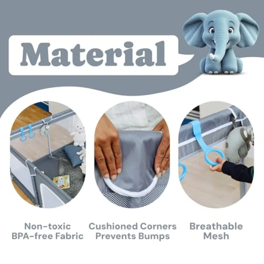 Kojec dla niemowląt - 178 x 150 cm szary - Bardzo duży kojec z siatki dla niemowląt i małych dzieci - Odporny na rozdarcia materiał Ox i przyssawki