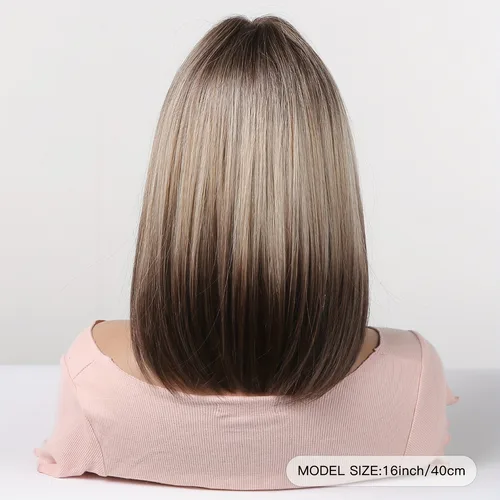Imagen 2 del producto Peluca de pelo liso elegante, 40,64 cm, peluca sintética degradado dorado champán, raíces de cabello marrón-negro, fibra de alta temperatura, l
