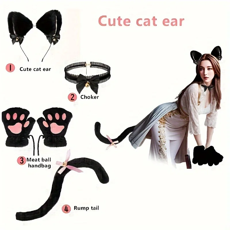 5Pcs Halloween Party Ears Set Plus Cute Paw Gloves Cosplay Animation Exhibition Character Handmade Plush Props Hair Accessor