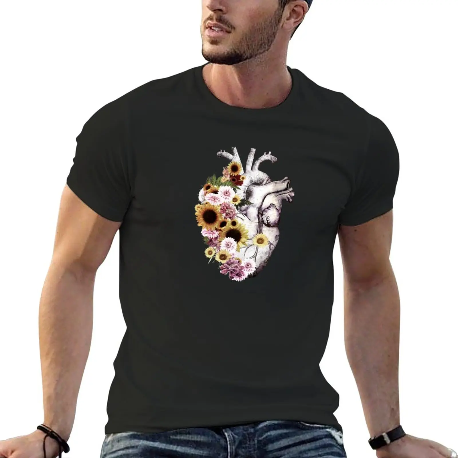 Human heart with sunflowers and daisy, romantic watercolor flowers, human anatomy art T-Shirt summer tops black t shirts for men