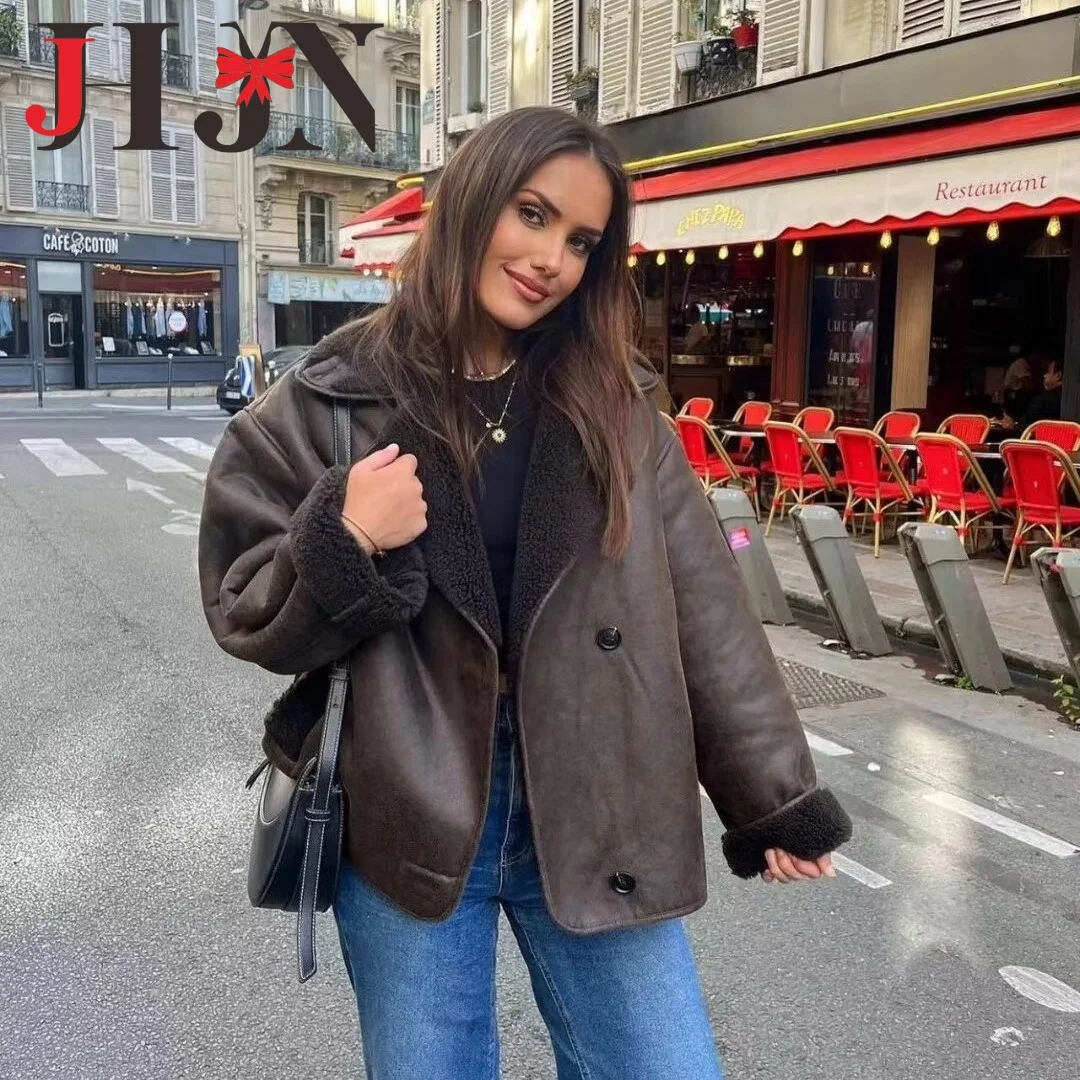 JHJN-Veste en Faux Cuir pour Femme, Pardessus Chaud d'Hiver, Mélange de Laine, Combinaison Peluche, Poche OupillPocket Y Double Face, Nouvelle Collection