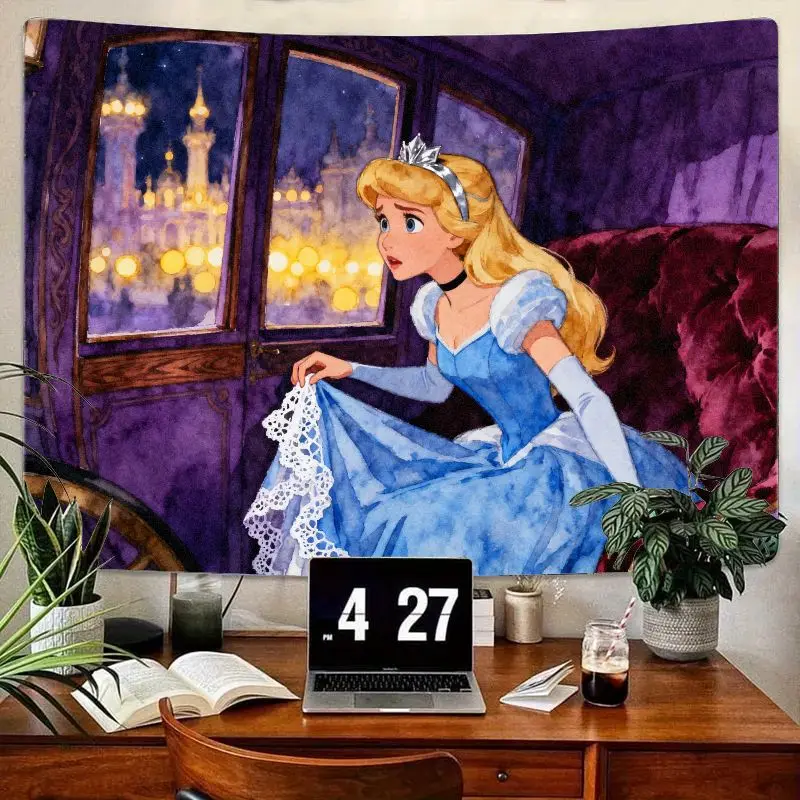 

1 шт., гобелен принцессы Диснея, Золушки, синее платье, сказочный замок, настенное искусство, современный полиэстер, декор для спальни, подарок для девочек
