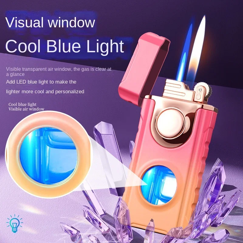 Double Tube Lighters for Men, Flash Visible Gas Cigar Lighter, Windproof Flint Gas Lighter, Jet Gadgets, Cigarette Accessories