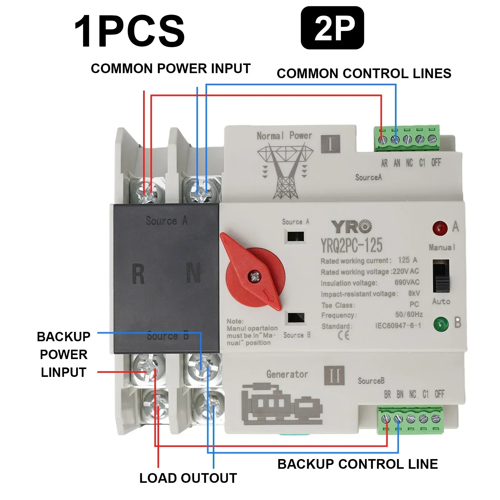 Interruptor de Transferencia Automática de Doble potencia 2P/3p/4p 6KA 50/60Hz 220V AC 125A para equipos eléctricos conmutación ininterrumpida