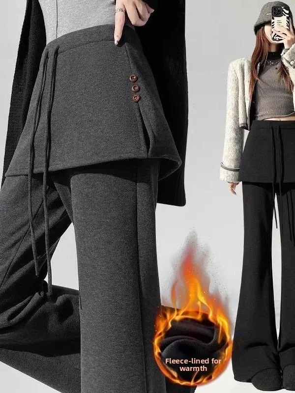 Thickened Fleece High Waist Bell Bottom Pants Women's Sporty Sweatpants Slimming Effect Layered Wear Winter New Style
