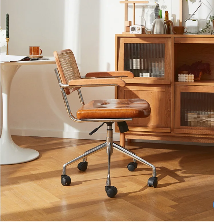 Antique Multifunctional Metal Rotary Armchair, Upholstered Adjustable Office Chair with Natural Rattan Backrest