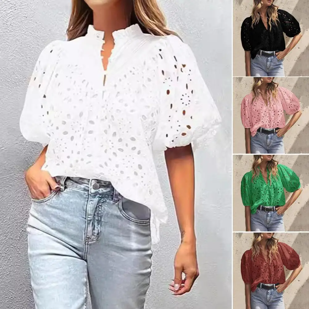 

Women Casual Summer Tops V-neck Lantern Short Sleeve Shirt Hollow Flower Pattern Blouse Solid Color Pullover Tops Streetwear