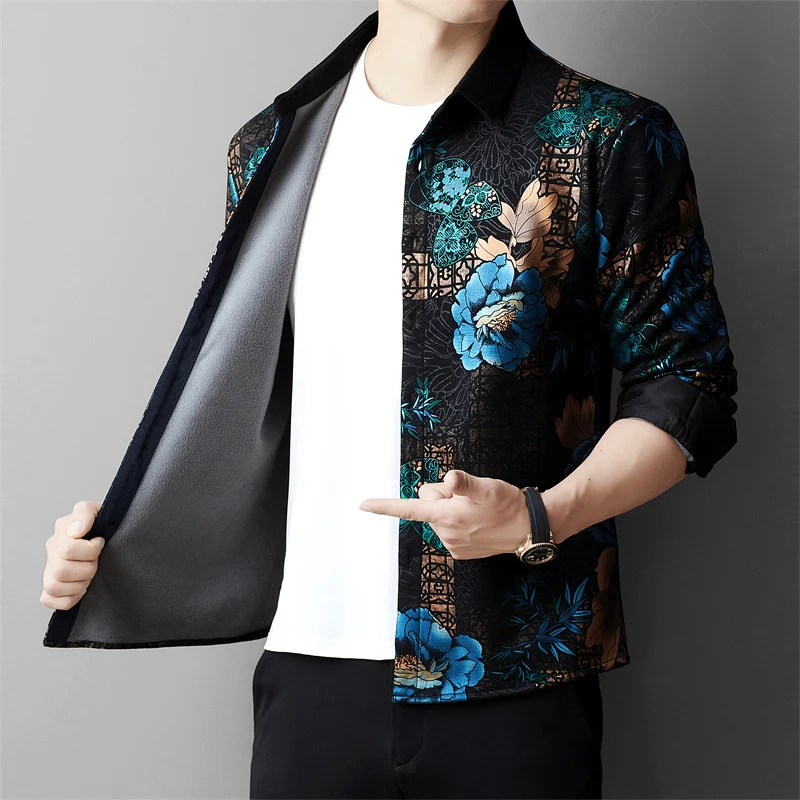 Premium Velvet Shirts For Men Long Sleeve Floral 3D Print Casual Winter Thick Quality Soft Comfortable Fashion Camisas De Hombre