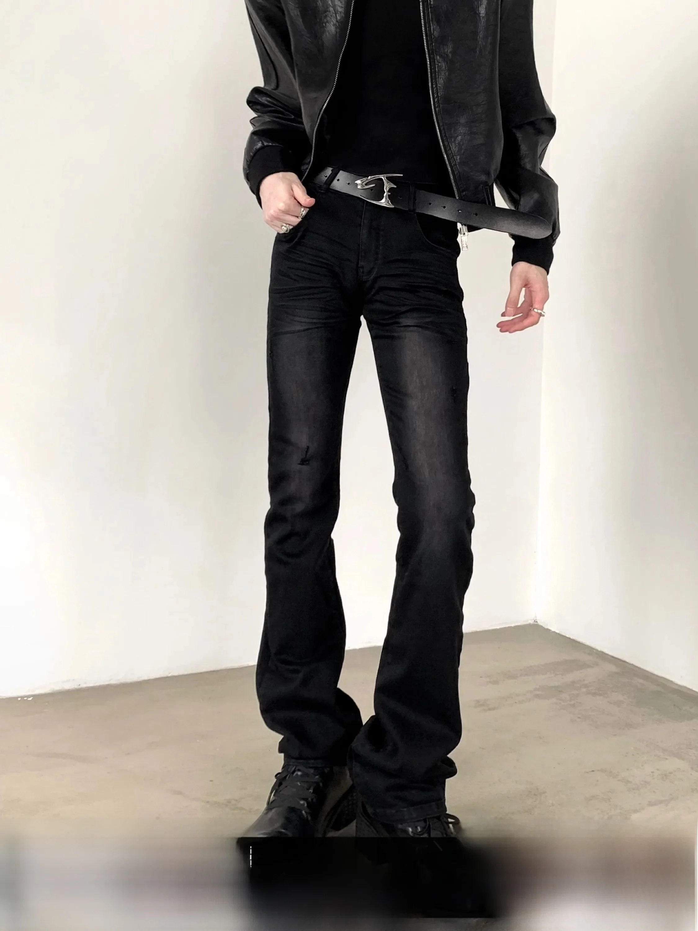 Washed Black Denim Jeans Men's Tight Fit Elastic High Waist Wrinkle Pressed Dark Washed Vintage Style Spring Autumn Seasonal