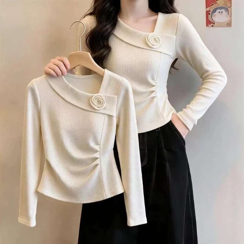 Irregular Pleated Solid Simplicity Long Sleeve Elegant Tops Spring Autumn Plus Size Fashion T Shirts Office Trend Women Clothing