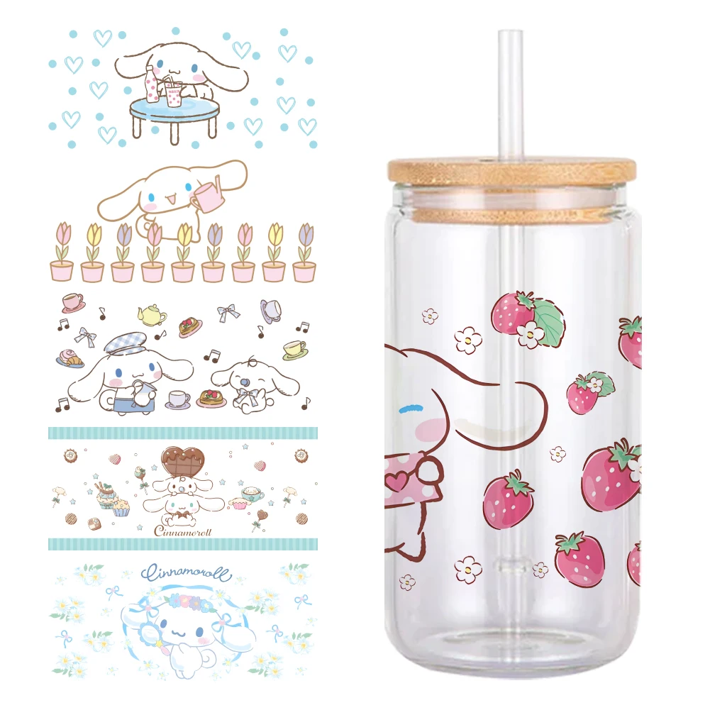 Cinnamoroll Sanrio UV DTF Sticker DIY For 16oz Glass Cup Scrapbook SuitcaseWaterproof Decals Coffee Cup Sticker