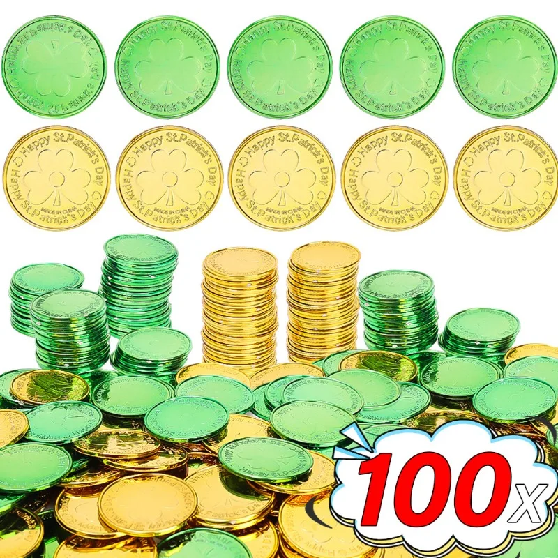 5/100PCS St. Patrick's Day Gold Coins Green Plastic 3-Leaf Clover Prop Coins Gifts Daily Performance Supplies Game Chips Props