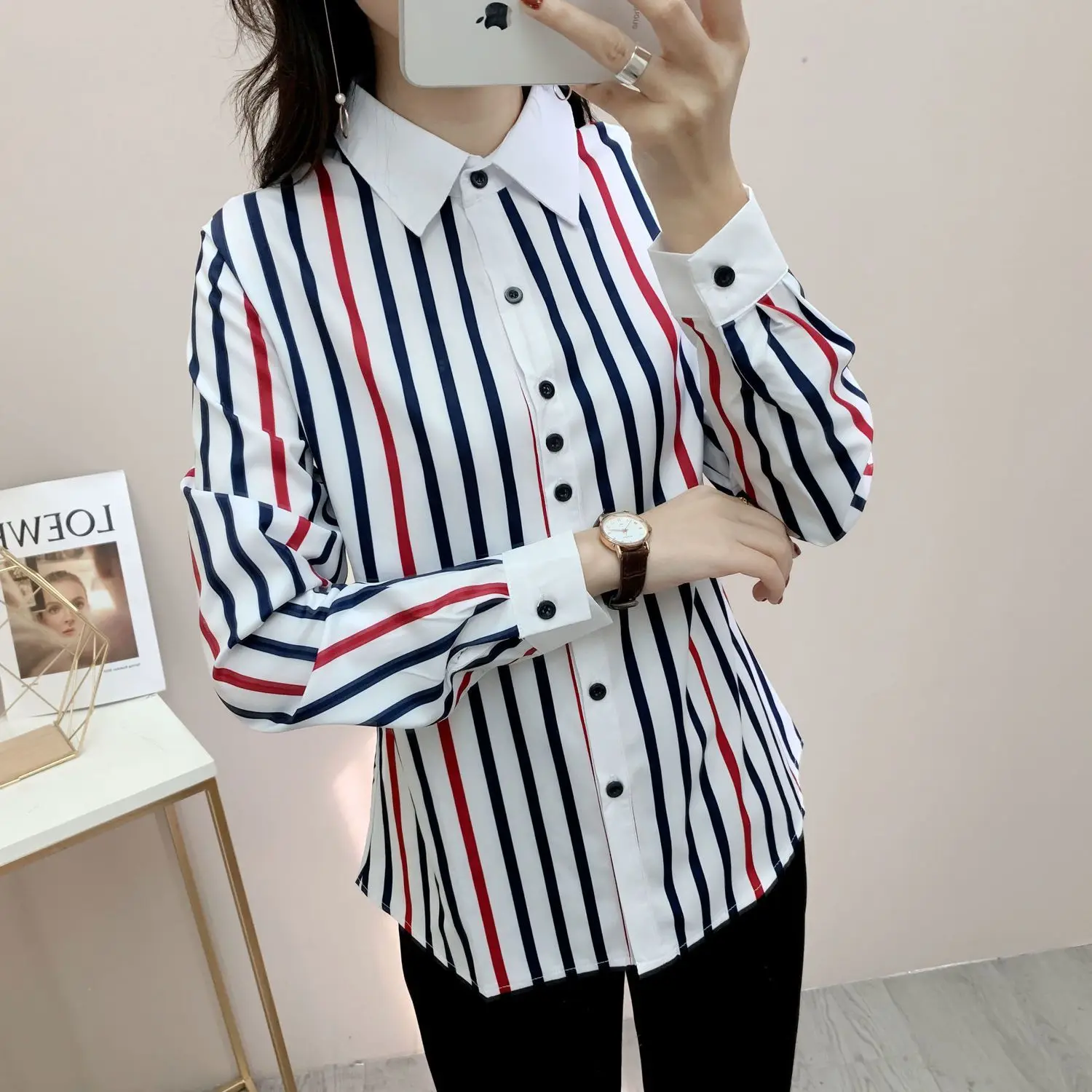 Striped Irregular Blouses Turn-down Collar Button Formal Office Lady Casual Lightly Cooked Thin Spring Summer Women\'s Clothing