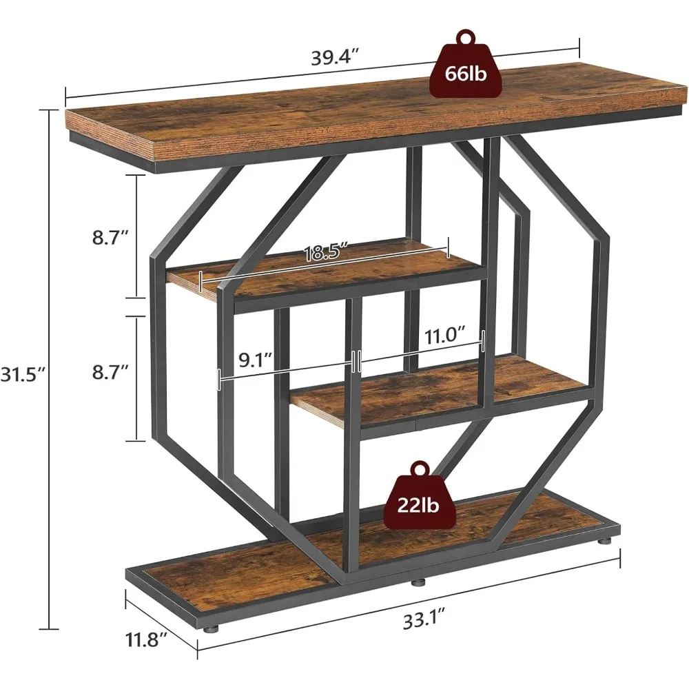Industrial Console Table with Storage, Rustic Brown Entryway Sofa Table for Living Room Hallway