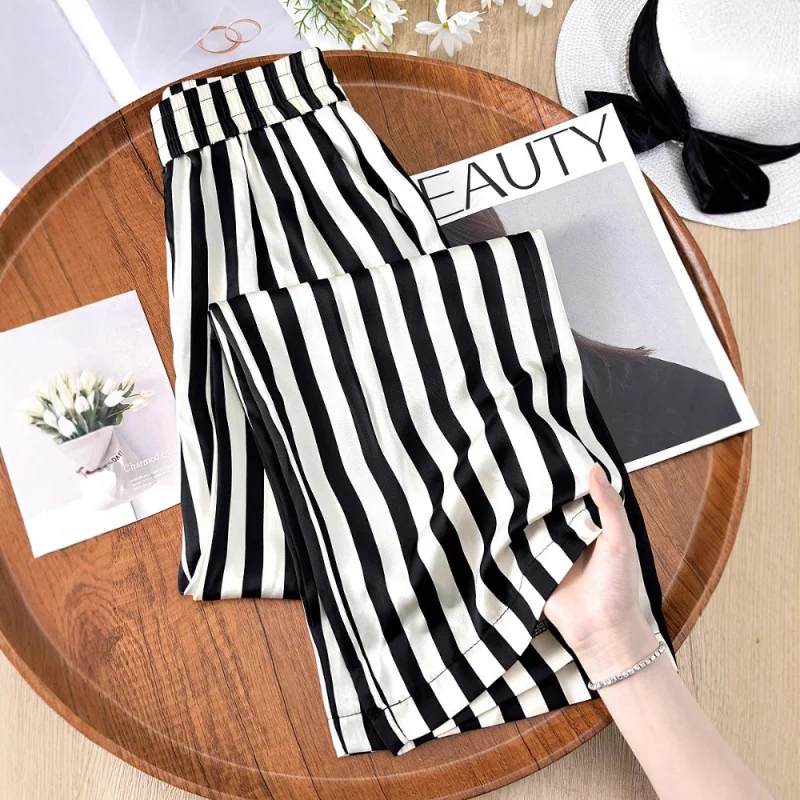 

Wide-leg Pants for Women, Summer Thin Cool Pants, Casual Comfortable Straight Lazy Style Striped Pants