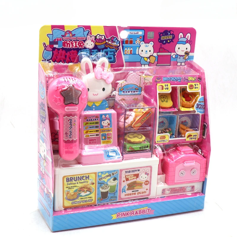 Pink Bunny Mini Hut Bakery Convenience Store Rabbit Cashier Bedroom Kitchen Girl Play Music House Toys