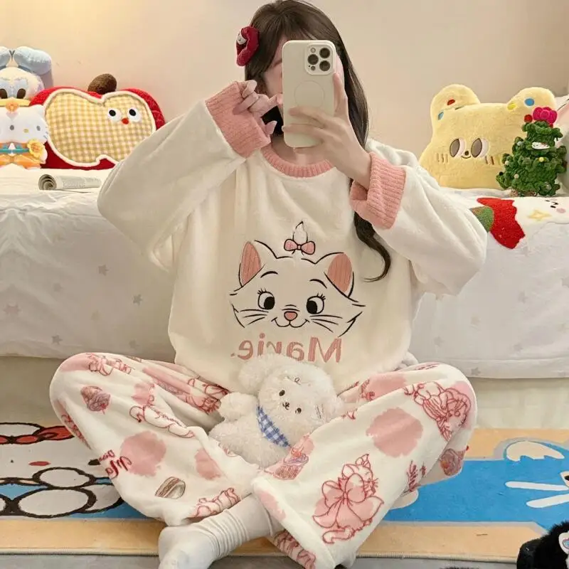 

New Marie Cat Pyjama Sets For Women Warm Plush Winter Pajamas Homewear Thick Coral Fleece Cute Soft Anime Periphery