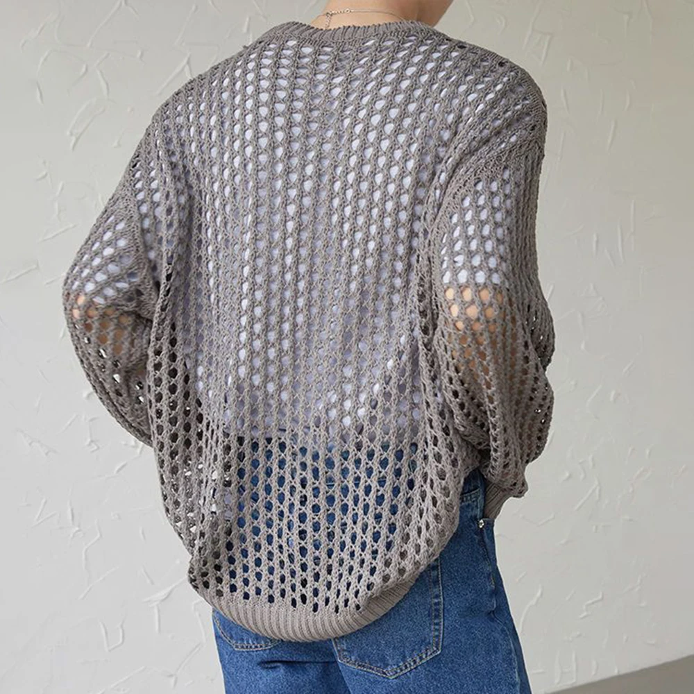 Mens Y2k Hollow Out Outfits See-Through Knit Shirts 2024 New Summer Fashion All-Match Casual Geometric Vintage Loose Smock Tops